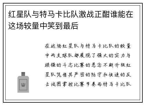 红星队与特马卡比队激战正酣谁能在这场较量中笑到最后